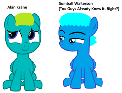 Size: 2760x2120 | Tagged: safe, artist:memeartboi, balloon pony, inflatable pony, pegasus, pony, alan keane, balloon, colt, duo, duo male, foal, gumball watterson, jealous, male, ponified, simple background, smiling, stare, the amazing world of gumball, white background