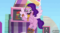 Size: 640x360 | Tagged: safe, screencap, pipp petals, pegasus, pony, g5, my bananas, my little pony: tell your tale, animated, female, flying, gif, gifs.com, mare, microphone, solo
