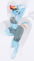 Size: 1674x3000 | Tagged: safe, artist:fugaamr, rainbow dash, pegasus, anthro, unguligrade anthro, arm behind head, armpits, belly button, breasts, clothes, compression shorts, cutie mark accessory, cutie mark necklace, dock, female, goggles, goggles on head, jewelry, mare, midriff, necklace, one eye closed, reasonably sized breasts, smiling, solo, standing, standing on one leg, stretching, tail, unshorn fetlocks, wingless, wingless anthro, zoom layer