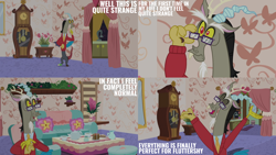 Size: 2000x1125 | Tagged: safe, edit, edited screencap, editor:quoterific, screencap, discord, discordant harmony, g4, couch, cup, discord's house, food, glasses, grandfather clock, kitchen, sandwich, solo, teacup, teapot