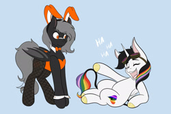 Size: 2048x1365 | Tagged: safe, artist:mscolorsplash, oc, oc:lightning bliss, oc:tranzmute, bat pony, pegasus, pony, bandaid, bandaid on nose, bat pony oc, blue background, bunny ears, bunny suit, clothes, crossdressing, eyes closed, female, goggles, goggles on head, laughing, male, mare, open mouth, open smile, pointing, simple background, smiling, stallion, stubble