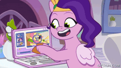 Size: 520x293 | Tagged: safe, screencap, pipp petals, posey bloom, pegasus, pony, g5, maretime bay day 2.0, my little pony: tell your tale, animated, computer, female, gif, gifrun.com, laptop computer, loop, mare, solo, typing