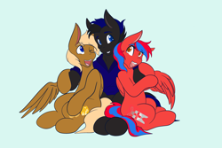 Size: 2048x1365 | Tagged: safe, artist:mscolorsplash, oc, oc only, earth pony, pegasus, pony, clothes, commission, female, grin, group hug, hoodie, hug, light blue background, male, mare, one eye closed, open mouth, open smile, simple background, smiling, stallion, trio