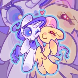 Size: 2048x2048 | Tagged: safe, artist:huiguirenkoupajiang233, fluttershy, rarity, pegasus, pony, unicorn, g4, blushing, eyes closed, female, heart, horn, mare, one eye closed, outline, smiling, wink