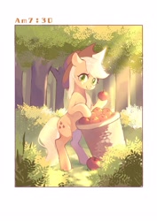 Size: 2000x2828 | Tagged: safe, artist:xieyanbbb, applejack, earth pony, pony, g4, apple, apple basket, apple orchard, basket, bush, cottagecore, cowboy hat, crepuscular rays, female, food, forest, grass, hat, hoof hold, mare, morning, nature, orchard, solo, standing, stetson, time, timestamp, tree