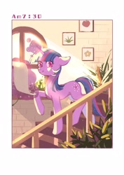 Size: 2000x2828 | Tagged: safe, artist:xieyanbbb, twilight sparkle, pony, unicorn, female, horn, magic, mare, parchment, photo frame, plant, raised hoof, smiling, solo, stairs, text, window
