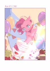 Size: 2000x2828 | Tagged: safe, artist:xieyanbbb, pinkie pie, earth pony, pony, apple, baking, bowl, female, food, mare, morning, smiling, solo, strawberry, table, text