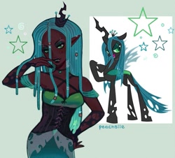 Size: 851x768 | Tagged: safe, artist:peachsiie, queen chrysalis, changeling, changeling queen, human, pony, clothes, corset, dark skin, ear piercing, earring, fangs, female, gloves, humanized, jewelry, mare, necklace, piercing, regalia, solo