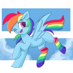 Size: 1855x1855 | Tagged: safe, artist:skylinepony_, rainbow dash, pegasus, pony, g4, clothes, female, mare, one eye closed, open mouth, open smile, rainbow socks, smiling, socks, solo, striped socks, wink