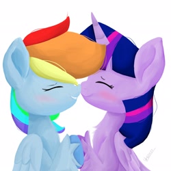 Size: 2048x2048 | Tagged: safe, artist:skylinepony_, rainbow dash, twilight sparkle, alicorn, pegasus, pony, g4, blushing, boop, duo, duo female, eyes closed, female, folded wings, horn, lesbian, mare, noseboop, nuzzling, profile, ship:twidash, shipping, side view, signature, simple background, smiling, touching hooves, twilight sparkle (alicorn), white background, wings