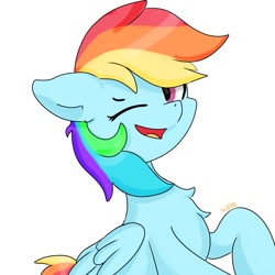 Size: 1280x1280 | Tagged: safe, artist:skylinepony_, rainbow dash, pegasus, pony, g4, female, looking at you, mare, one eye closed, open mouth, open smile, simple background, smiling, solo, white background, wink, winking at you