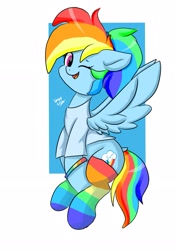 Size: 2039x2893 | Tagged: safe, artist:skylinepony_, rainbow dash, pegasus, pony, g4, bracelet, clothes, female, jewelry, looking at you, mare, one eye closed, open mouth, open smile, passepartout, rainbow bracelet, rainbow socks, simple background, smiling, socks, solo, striped socks, white background, wink, winking at you