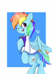 Size: 2896x4096 | Tagged: safe, artist:skylinepony_, rainbow dash, pegasus, pony, g4, book, clothes, egghead dash, female, glasses, mare, one eye closed, open mouth, open smile, passepartout, pencil behind ear, sailor uniform, smiling, solo, uniform, wink
