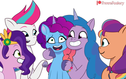 Size: 2560x1614 | Tagged: safe, artist:frownfactory, izzy moonbow, misty brightdawn, pipp petals, sunny starscout, zipp storm, earth pony, pegasus, unicorn, g5, misty moves in, my little pony: tell your tale, bracelet, female, grin, horn, jewelry, mare, simple background, smiling, tiara, transparent background, vector