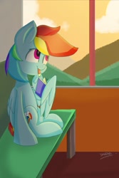 Size: 800x1200 | Tagged: safe, artist:skylinepony_, rainbow dash, bench, book, pencil in mouth, sitting, solo, window