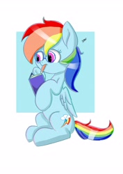 Size: 2893x4092 | Tagged: safe, artist:skylinepony_, rainbow dash, pegasus, pony, book, egghead dash, female, glasses, mare, mouth hold, pencil, sitting, solo