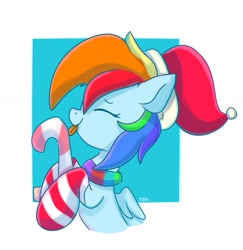 Size: 1058x1090 | Tagged: safe, artist:skylinepony_, rainbow dash, pegasus, pony, candy, candy cane, christmas, clothes, eyes closed, female, food, hat, holiday, licking, mare, santa hat, scarf, socks, solo, striped scarf, striped socks, tongue out