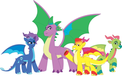 Size: 6496x4045 | Tagged: safe, artist:prixy05, fountain (g5), leaf (g5), luxxe, spike, dragon, g5, my little pony: tell your tale, dragon lord spike, dragoness, female, group, male, older, older spike, quartet, simple background, spike (g5), spread wings, white background, wings