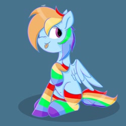 Size: 2521x2521 | Tagged: safe, artist:skylinepony_, rainbow dash, pegasus, pony, :p, clothes, looking at you, one eye closed, partially open wings, rainbow socks, sitting, smiling, smiling at you, socks, striped socks, tail, tongue out, wings, wink, winking at you