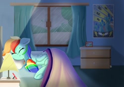 Size: 1199x848 | Tagged: safe, artist:skylinepony_, rainbow dash, pegasus, pony, g4, bed, bedroom, blanket, clothes, curtains, drawer, eyes closed, female, folded wings, indoors, lamp, lying down, lying on bed, mare, nightstand, on bed, picture frame, pillow, rain, rainbow socks, sleeping, socks, solo, striped socks, underhoof, window, wings, wonderbolts poster
