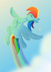 Size: 2893x4092 | Tagged: safe, artist:skylinepony_, rainbow dash, pegasus, pony, g4, belly button, eyes closed, female, flying, mare, open mouth, open smile, rainbow trail, smiling, solo