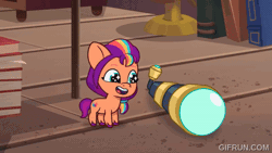 Size: 520x293 | Tagged: safe, screencap, argyle starshine, sunny starscout, earth pony, pony, g5, my little pony: tell your tale, written in the starscouts, animated, cute, female, filly, filly sunny starscout, gif, gifrun.com, solo focus, sunnybetes, telescope, younger