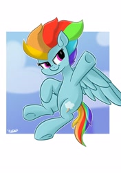 Size: 2039x2893 | Tagged: safe, artist:skylinepony_, rainbow dash, pegasus, pony, female, flying, mare, signature, smiling, solo, spread wings, tail, underhoof, wings