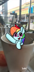 Size: 567x1200 | Tagged: safe, artist:skylinepony_, rainbow dash, pegasus, pony, g4, cup, cup of pony, female, hoof in air, irl, mare, micro, open mouth, open smile, photo, ponies in real life, real life background, smiling, solo, waving