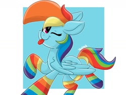 Size: 1600x1200 | Tagged: safe, artist:skylinepony_, rainbow dash, pegasus, pony, :p, clothes, female, looking at you, mare, one eye closed, rainbow socks, signature, smiling, smiling at you, socks, solo, striped socks, tail, tongue out, wings, wink, winking at you