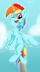 Size: 720x1274 | Tagged: safe, artist:skylinepony_, rainbow dash, pegasus, pony, g4, female, flying, mare, one eye closed, open mouth, open smile, rainbow trail, smiling, solo