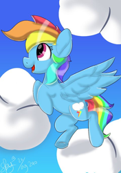Size: 480x680 | Tagged: safe, artist:skylinepony_, rainbow dash, pegasus, pony, g4, cloud, female, flying, mare, open mouth, open smile, smiling, solo, spread wings, wings