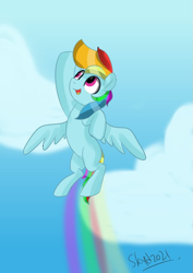 Size: 481x680 | Tagged: safe, artist:skylinepony_, rainbow dash, pegasus, pony, g4, female, flying, hoof in air, looking up, mare, open mouth, open smile, rainbow trail, smiling, solo