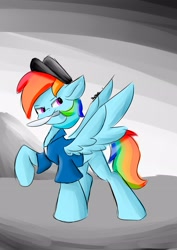 Size: 2480x3508 | Tagged: safe, artist:skylinepony_, rainbow dash, pegasus, pony, g4, clothes, female, hat, knife, mare, mouth hold, solo, spread wings, wings