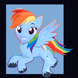 Size: 4096x4096 | Tagged: safe, artist:skylinepony_, rainbow dash, pegasus, pony, g4, 3d, color outline, female, grin, looking at you, mare, passepartout, rainbow outline, smiling, solo, spread wings, unshorn fetlocks, wings
