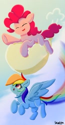 Size: 720x1380 | Tagged: safe, artist:skylinepony_, pinkie pie, rainbow dash, earth pony, pegasus, g4, cloud, duo, duo female, eyes closed, female, flying, looking up, mare, open mouth, open smile, outdoors, rainbow trail, signature, sky, smiling, spread wings, tail, underhoof, wings