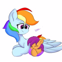 Size: 2791x2791 | Tagged: safe, artist:skylinepony_, rainbow dash, scootaloo, pegasus, pony, g4, cute, cutealoo, dashabetes, duo, duo female, eyes closed, female, filly, foal, mare, scootalove, siblings, signature, simple background, sisters, smiling, white background, wings