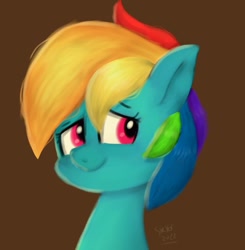 Size: 1010x1030 | Tagged: safe, artist:skylinepony_, rainbow dash, pegasus, pony, g4, brown background, bust, female, mare, portrait, signature, simple background, smiling, solo