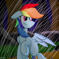 Size: 1280x1280 | Tagged: safe, artist:skylinepony_, rainbow dash, pegasus, pony, g4, female, floppy ears, frown, mare, rain, solo, spread wings, wings