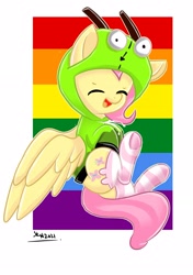 Size: 2039x2893 | Tagged: safe, artist:skylinepony_, fluttershy, pegasus, pony, clothes, costume, female, frog costume, mare, pride, pride flag, rainbow flag, smiling, socks, solo, striped socks