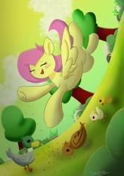 Size: 2039x2893 | Tagged: safe, artist:skylinepony_, fluttershy, bird, duck, pegasus, pony, g4, bird seed, blushing, eyes closed, feeding, female, flying, mare, open mouth, open smile, smiling, underhoof