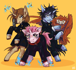 Size: 2048x1912 | Tagged: safe, artist:karamboll, bird, pony, unicorn, clothes, crossover, female, group, horn, jujutsu kaisen, looking at you, magic, male, ponified, standing