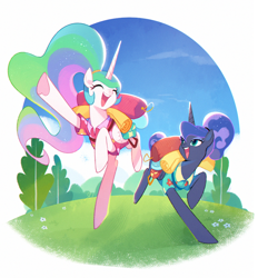 Size: 1000x1077 | Tagged: safe, artist:megarock, princess celestia, princess luna, alicorn, pony, between dark and dawn, g4, bag, clothes, cloud, eyes closed, female, grass, mare, open mouth, raised hoof, royal sisters, shirt, siblings, sisters, smiling, tree