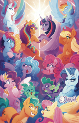 Size: 900x1391 | Tagged: safe, artist:justasuta, applejack, fluttershy, hitch trailblazer, izzy moonbow, misty brightdawn, pinkie pie, pipp petals, rainbow dash, rarity, sparky sparkeroni, spike, sunny starscout, twilight sparkle, zipp storm, alicorn, dragon, earth pony, pegasus, pony, unicorn, g4, g5, applejack's hat, bracelet, cowboy hat, female, freckles, grin, hat, hitch and his 2nd heroine, horn, izzy and her heroine, jewelry, male, mane five, mane seven (g5), mane six, mane six (g5), mane stripe sunny, mare, misty and her 2nd heroine, one eye closed, open mouth, open smile, phone, pipp and her heroine, race swap, rebirth misty, smiling, sparky and his hero, spread wings, stallion, sunny and her heroine, sunnycorn, twilight sparkle (alicorn), wings, zipp and her heroine