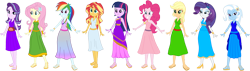Size: 4039x1154 | Tagged: safe, artist:invisibleink, artist:tylerajohnson352, applejack, fluttershy, pinkie pie, rainbow dash, rarity, starlight glimmer, sunset shimmer, trixie, twilight sparkle, equestria girls, g4, armlet, bracelet, clothes, dress, eyelashes, freckles, goddess, greek clothes, high heels, jewelry, multicolored hair, rainbow hair, sandals, shoes, tied hair