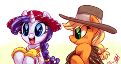 Size: 1500x800 | Tagged: safe, artist:whitediamonds, applejack, rarity, earth pony, pony, unicorn, rarijack daily, g4, cute, duo, duo female, female, freckles, hat, horn, jackabetes, jessie (toy story), lesbian, looking at someone, mare, open mouth, open smile, profile, raribetes, ship:rarijack, shipping, signature, smiling, the man with no name