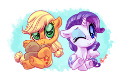 Size: 1400x900 | Tagged: safe, artist:whitediamonds, applejack, rarity, earth pony, pony, unicorn, rarijack daily, g4, applejack's hat, chibi, cowboy hat, cute, duo, duo female, eyebrows, eyeshadow, female, filly, filly applejack, filly rarity, foal, freckles, hat, horn, jackabetes, lesbian, looking at you, makeup, one eye closed, raribetes, ship:rarijack, shipping, signature, sitting, smiling, smiling at you, tail, underhoof, wink, winking at you, younger