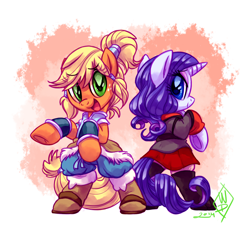 Size: 1450x1350 | Tagged: safe, artist:whitediamonds, applejack, rarity, earth pony, pony, unicorn, rarijack daily, g4, bipedal, clothes, cosplay, costume, crossover, duo, duo female, eyebrows, eyebrows visible through hair, female, freckles, hatless, horn, lesbian, looking at you, looking back, looking back at you, mare, missing accessory, open mouth, open smile, ship:rarijack, shipping, signature, smiling, smiling at you, tail, the legend of korra, underhoof