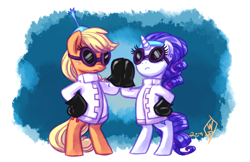 Size: 1350x875 | Tagged: safe, artist:whitediamonds, applejack, rarity, earth pony, pony, unicorn, rarijack daily, g4, bipedal, clothes, cosplay, costume, crossover, disney, duo, duo female, female, freckles, goggles, horn, kronk, lab coat, lesbian, mare, ship:rarijack, shipping, signature, tail, the emperor's new groove, yzma