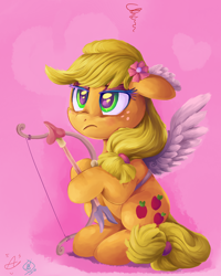 Size: 2400x3000 | Tagged: safe, artist:aquaticsun, artist:whitediamonds, applejack, earth pony, pony, g4, applejack is not amused, arrow, bow (weapon), bow and arrow, collaboration, cupid, fake wings, female, flower, flower in hair, freckles, frown, hatless, heart arrow, high res, makeup, mare, missing accessory, signature, sitting, solo, unamused, weapon