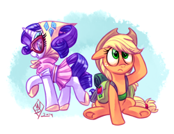 Size: 1750x1350 | Tagged: safe, artist:whitediamonds, applejack, rarity, earth pony, pony, unicorn, rarijack daily, g4, season 3, sleepless in ponyville, applejack's hat, camping outfit, clothes, cowboy hat, dress, duo, duo female, female, floppy ears, freckles, frown, hat, horn, lesbian, mare, raised hoof, raised leg, ship:rarijack, shipping, signature, sitting, smiling, standing on two hooves, sunglasses, tumblr, underhoof